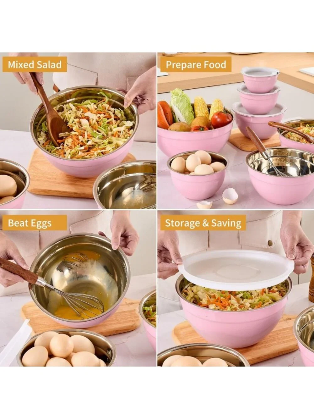 7-Piece Pink Nesting Mixing Bowls Set with Airtight Lids - Ideal for Baking